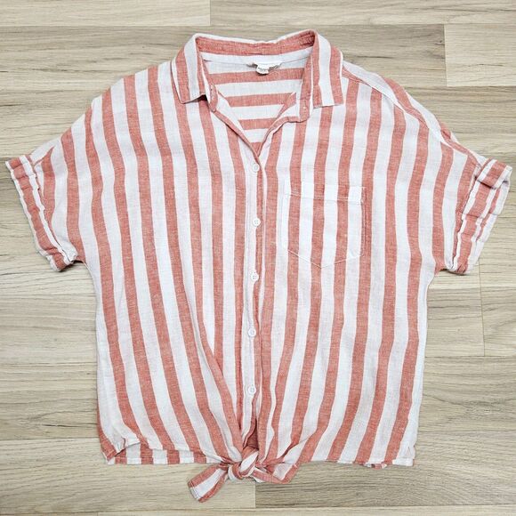 Tops - Beach Lunch Lounge Womens White Pink Stripe Button Down Linen Shirt Size XS Knot